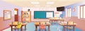 Cartoon classroom interior with view on blackboard, school desks